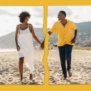 ripped photo of a happy couple walking on a beach