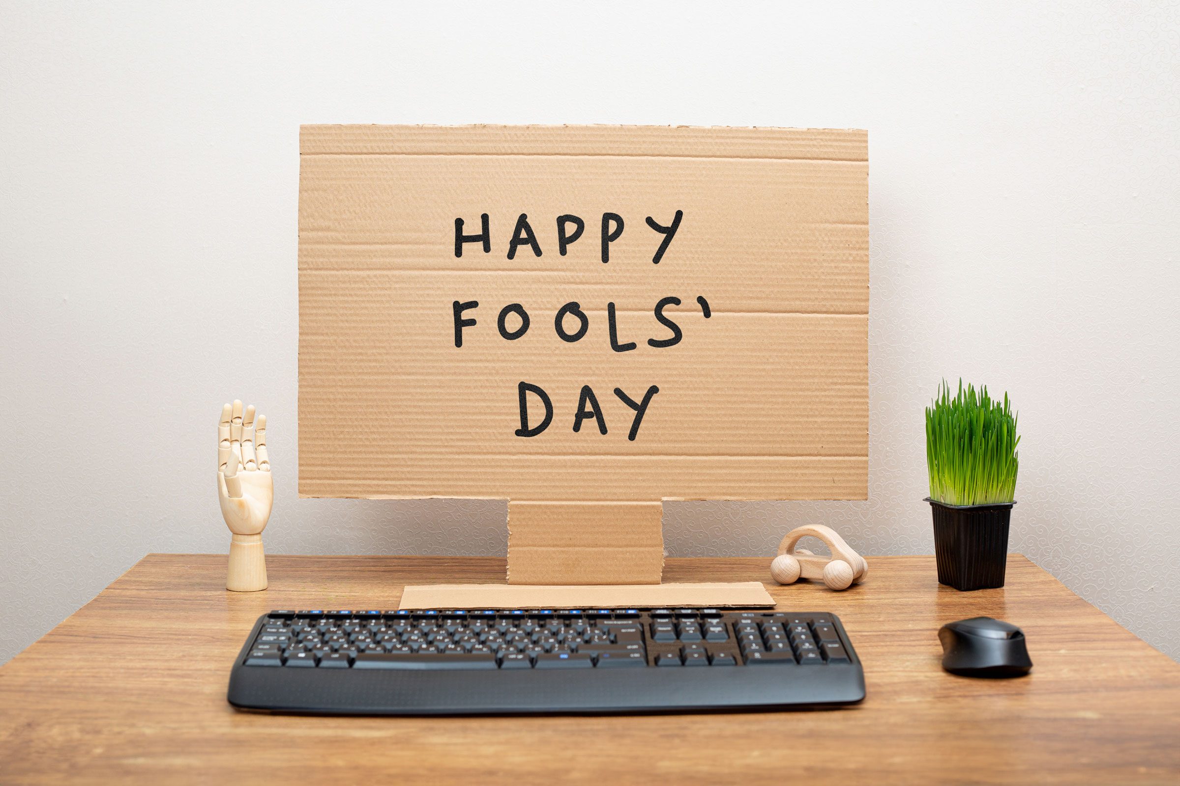 Cardboard monitor on the office desk.