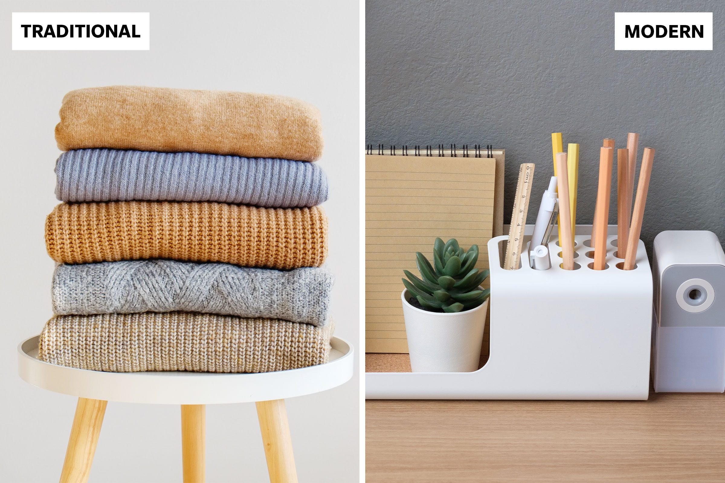 folded wool blankets on a stool and a desk set on a modern desk