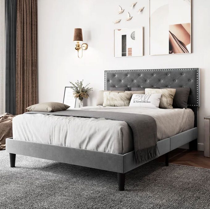 Aleiny Velvet Bed With Adjustable Upholstered Headboard