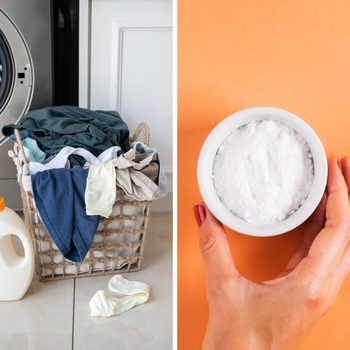 Basket With Laundry And Washing Machine On The Left And A Hand Holding Small Bowl Of Baking Soda On Orange Background On The Right