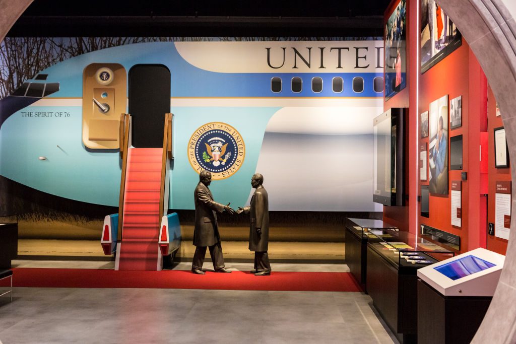 The 37th president Richard Nixon greets Chinese Premier Zhou Enlai in a 1972 visit to the People's Republic of China. The life-size, bronze-like replica is on prominent display in the newly renovation Richard Nixon Presidential Library & Museum, Yorba Linda.