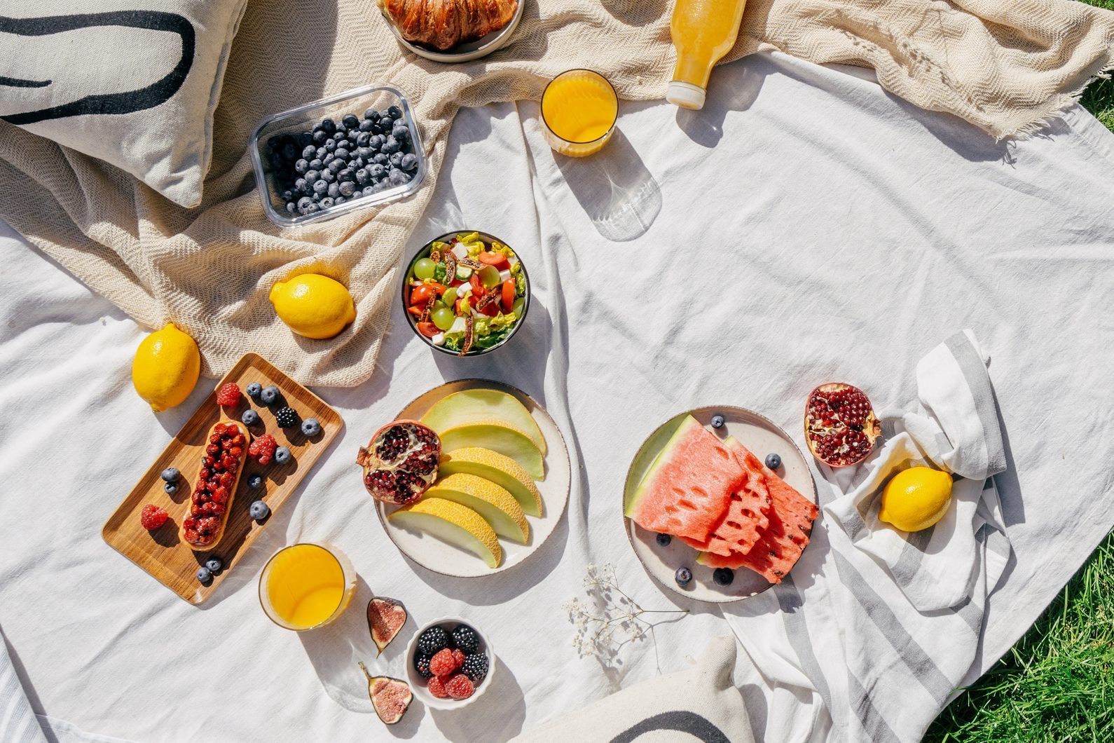 picnic on blanket with food at summer sunny day