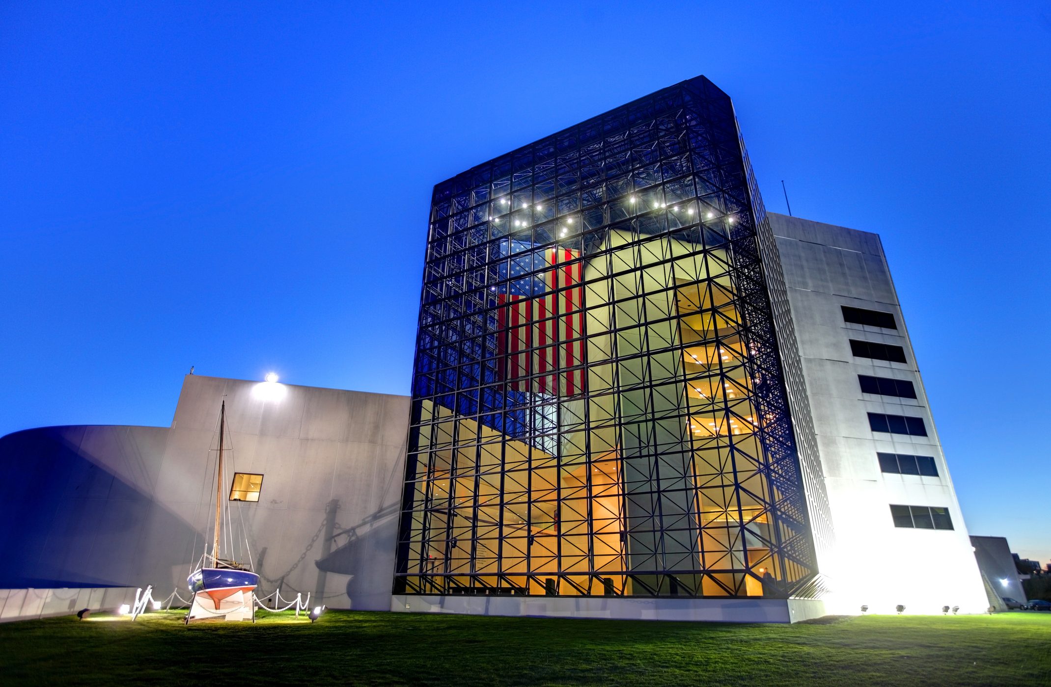 Nighttime view of the front entrance John F. Kennedy Presidential Library and Museum in the Dorchester neighborhood of Boston on October 29, 2013