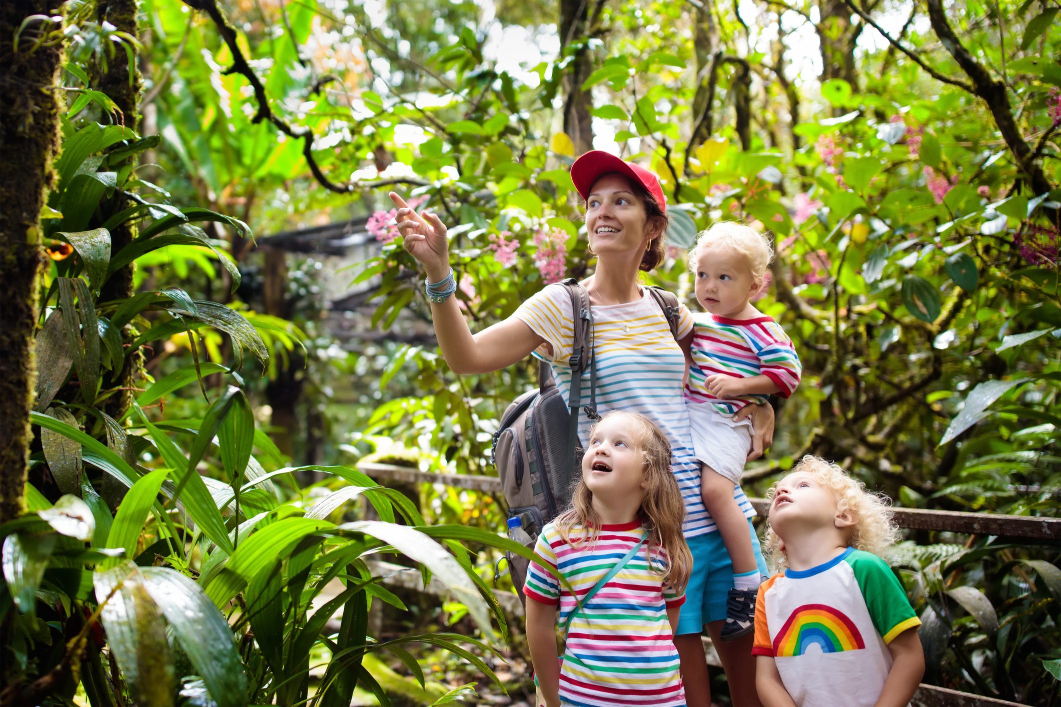 Family hiking in jungle.