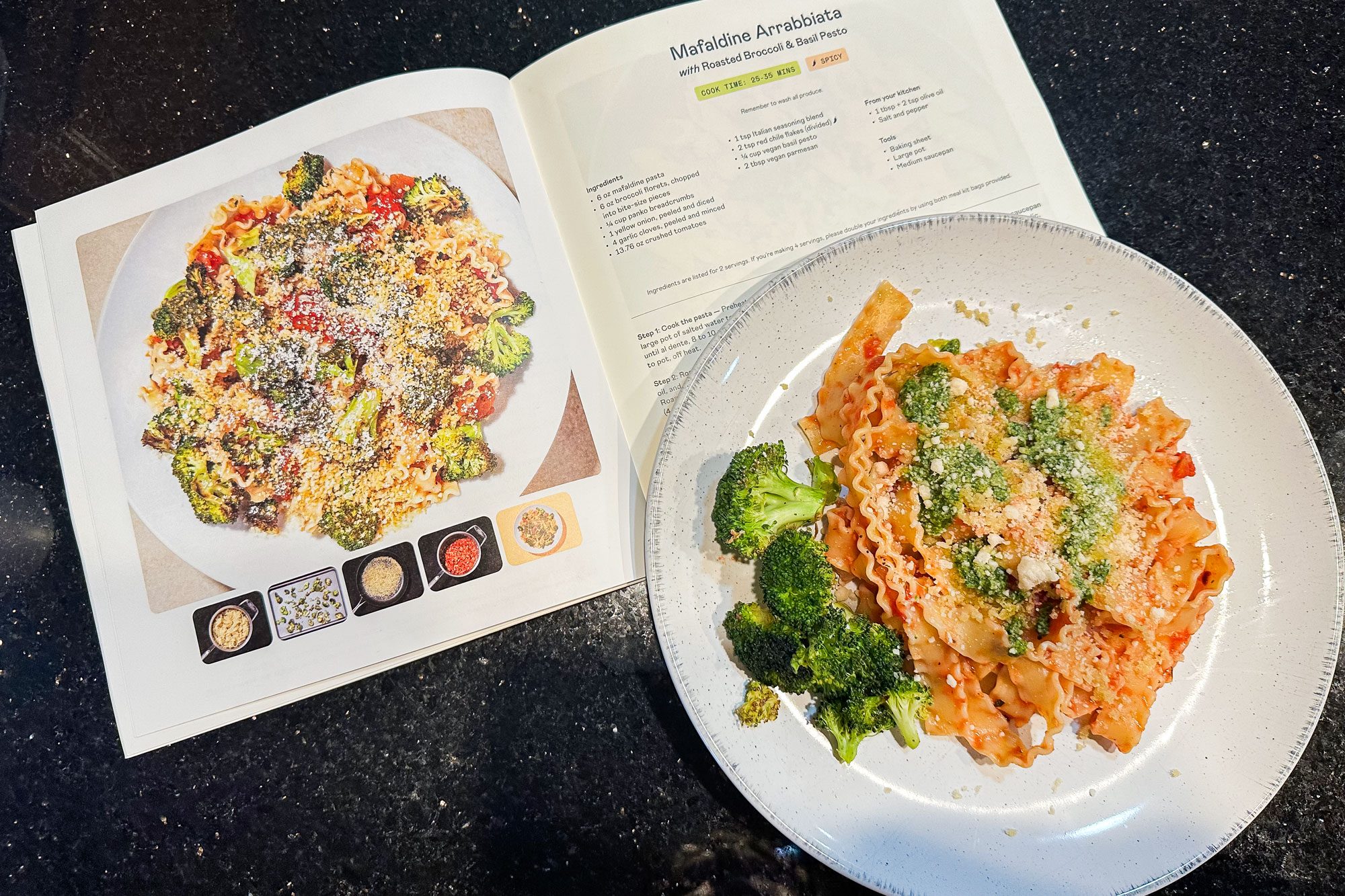 Purple Carrot mafaldine arrabbiata with roasted broccoli and basil pesto