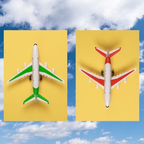 collage of two airplanes over a blue sunny sky with clouds. the plane on the left is green and pointing up. the plane on the right is red and pointing down