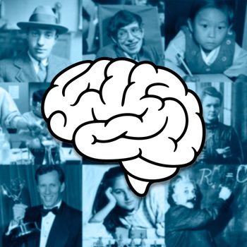 9 blurred out photos of people with high IQs with a brain illustration on top