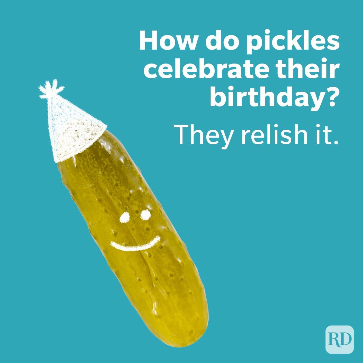 Birthday Jokes That Are Better Than Cake of a pickle with a smiley face and a birthday hat on turquoise background