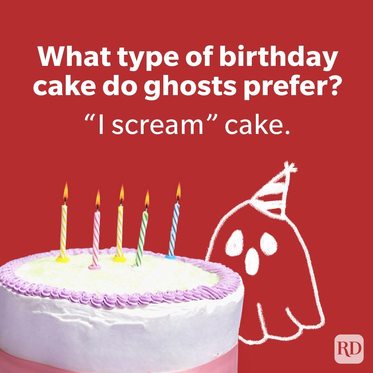Birthday Jokes That Are Better Than Cake of a ghost screaming ice cream cake on red background