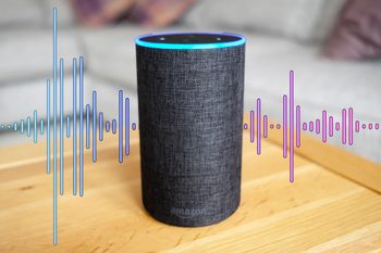 alexa smart device with audio recording graphic in the bacground