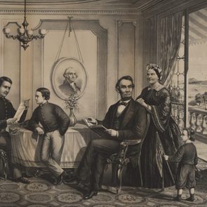 President Lincoln and Family Circle, from left Robert Lincoln, William Lincoln, Abraham Lincoln, Mary Todd Lincoln, Thomas Lincoln, Engraved by JL Giles, Published by Lyon & Co, 1867