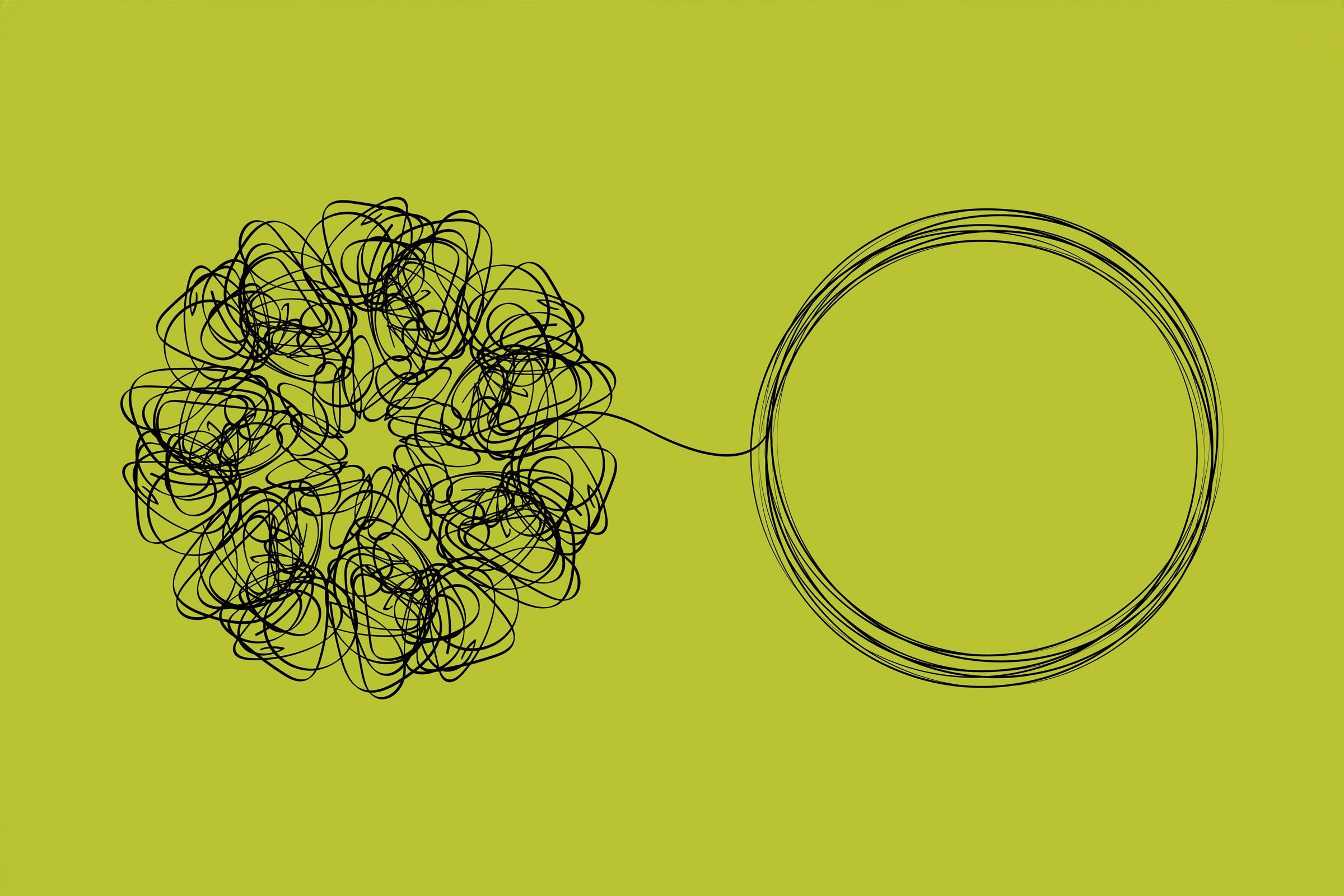 line drawing of a tangled mess unwinding into a neat circle on a green background