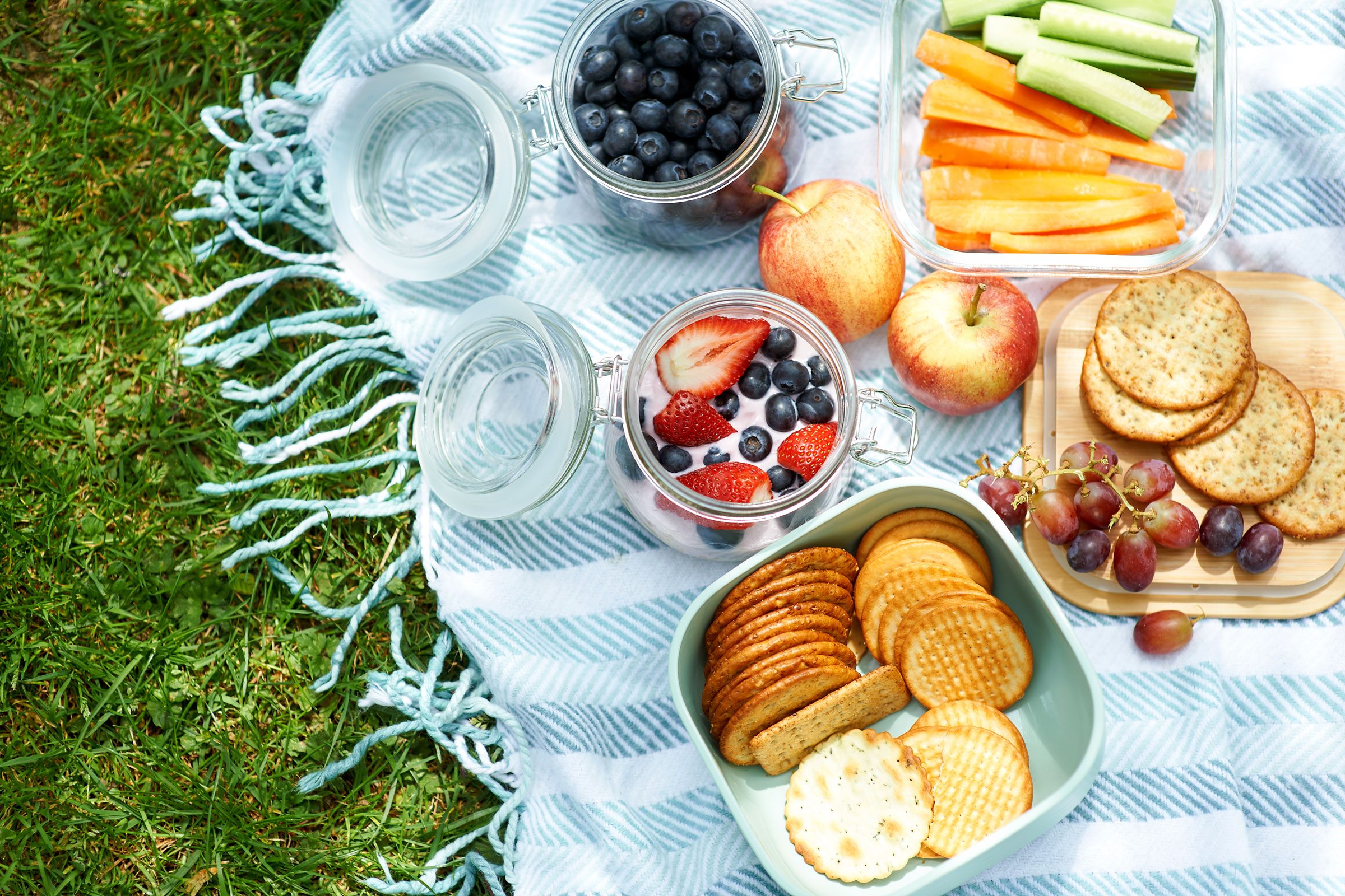 picnic on a picnic blanket in the grass for international picnic day in June