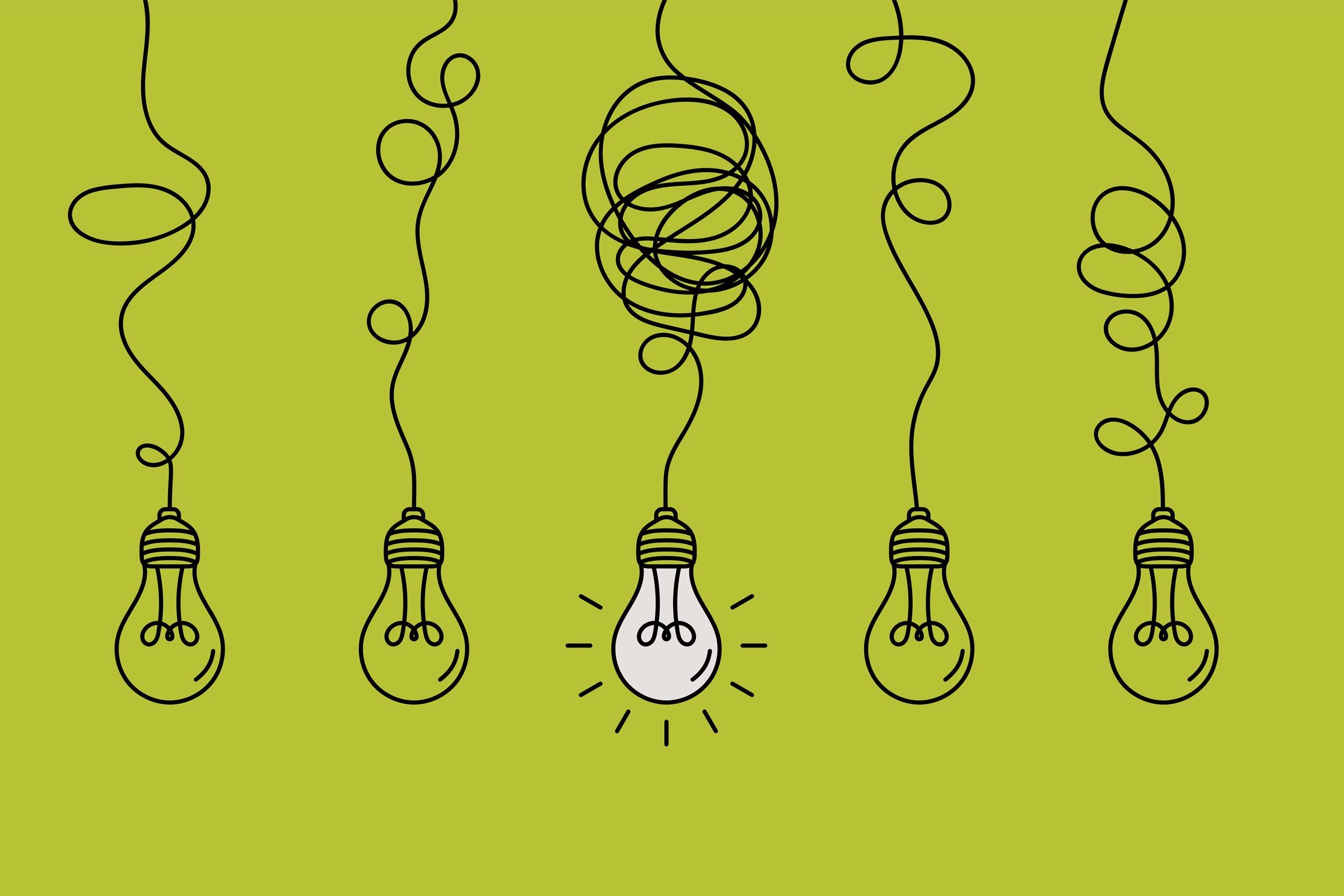 line drawing of lightbulbs in a doodle with one lit up o na green background