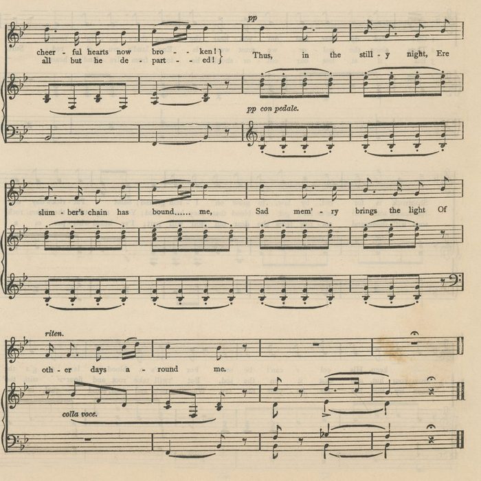 Old engraved illustration of sheet music and lyrics of “Oft in the Stilly Night” by Thomas Moore - the poem's melancholic tone conveys a sense of nostalgia and longing for a time that is gone forever