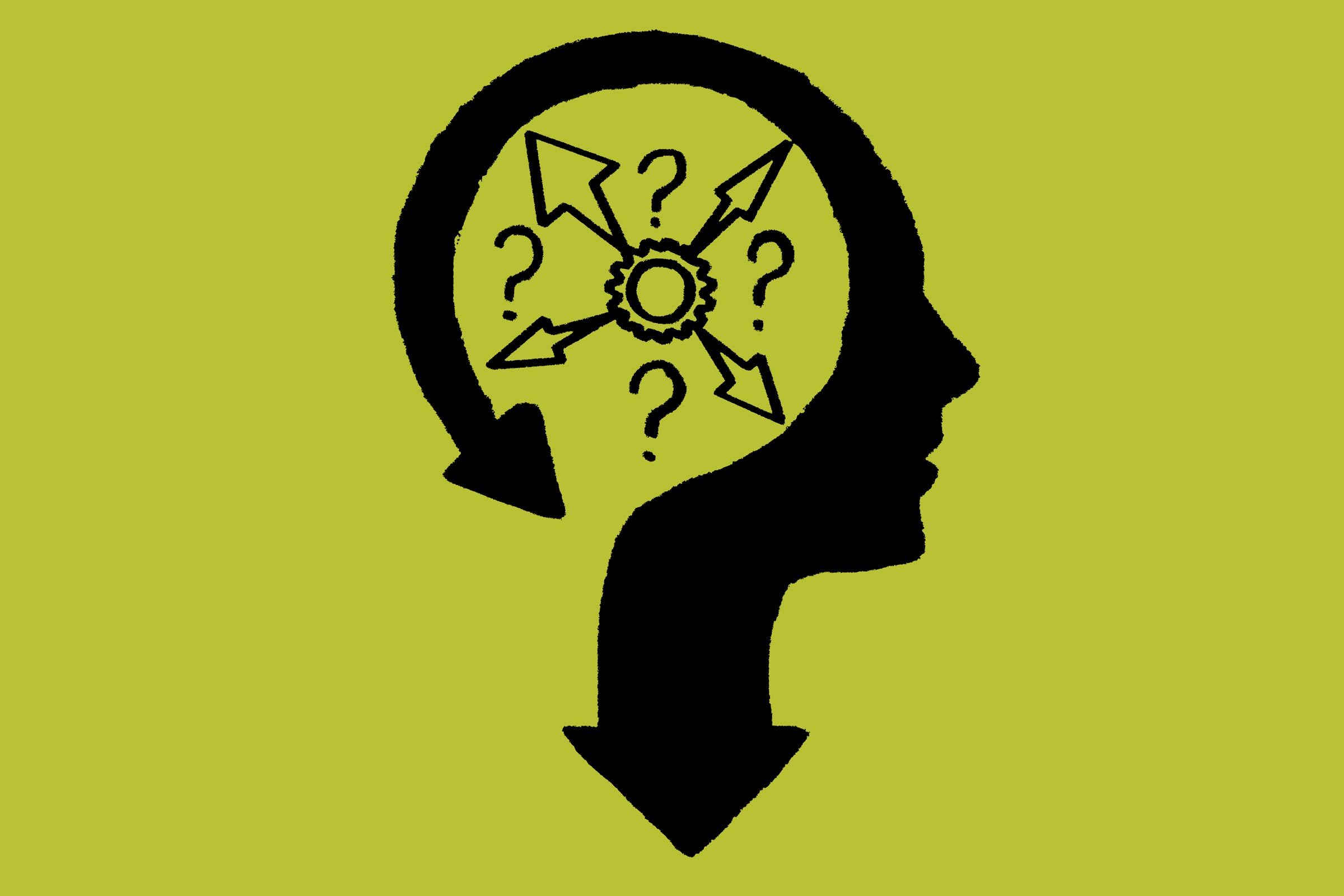 drawing of Thoughts and options drawn inside a head with arrows on a green background