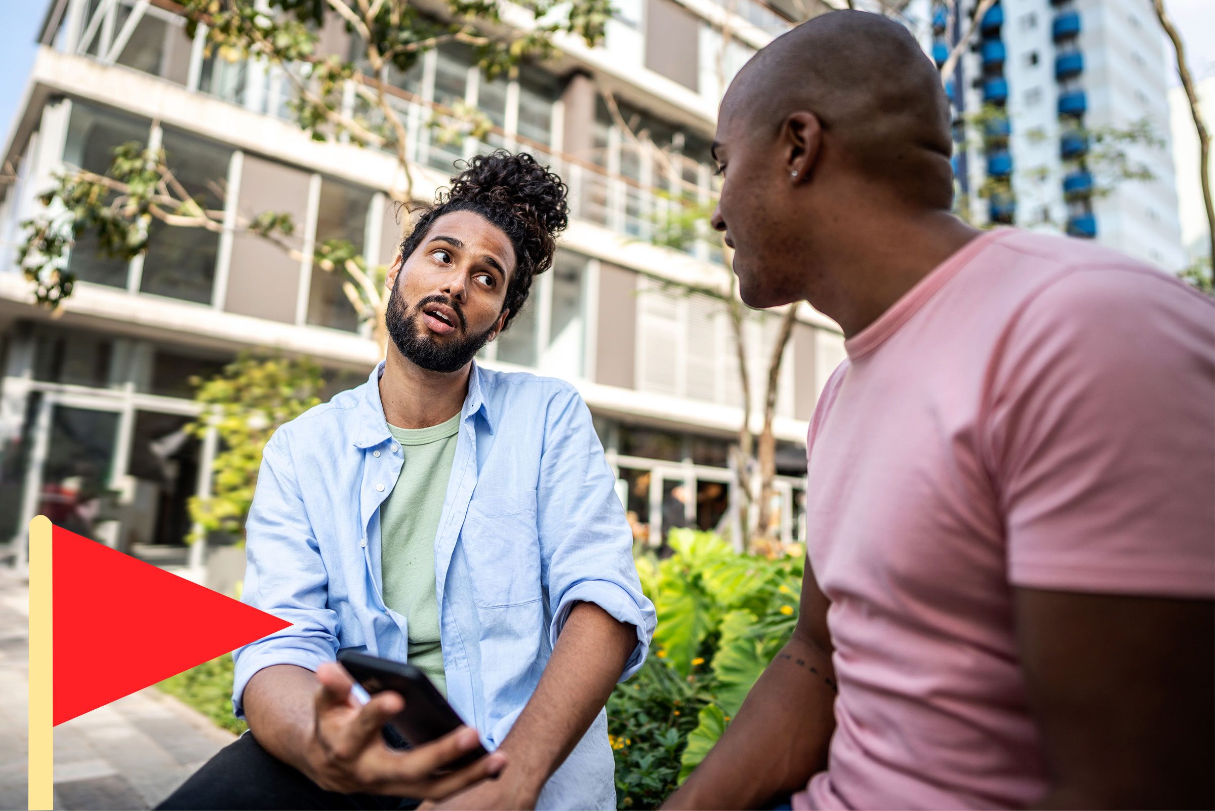 two men on a date sitting on a bench and one is complaining about their ex, with a red flag icon in he bottom left corner