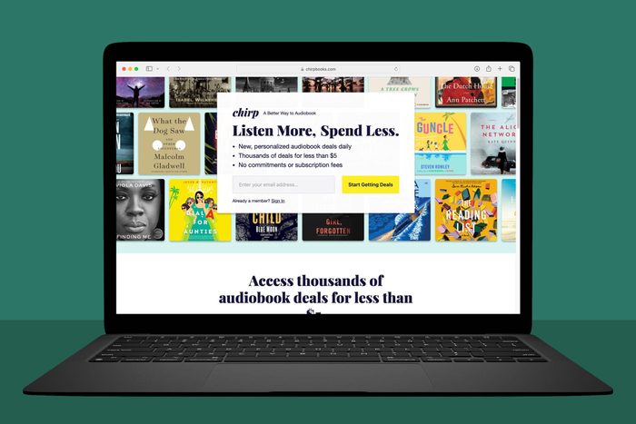 Places To Get Audiobooks For Free Online laptop showing Chirpbooks.com on green background