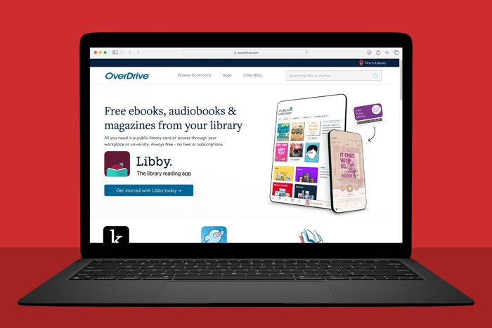 Places To Get Audiobooks For Free Online laptop showing Overdrive.com on red background