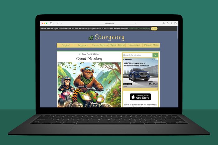 Places To Get Audiobooks For Free Online laptop showing Storynory.com on green background