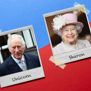 Polaroid pictures with King Charles and queen Elizabeth II labeled with their code names, 