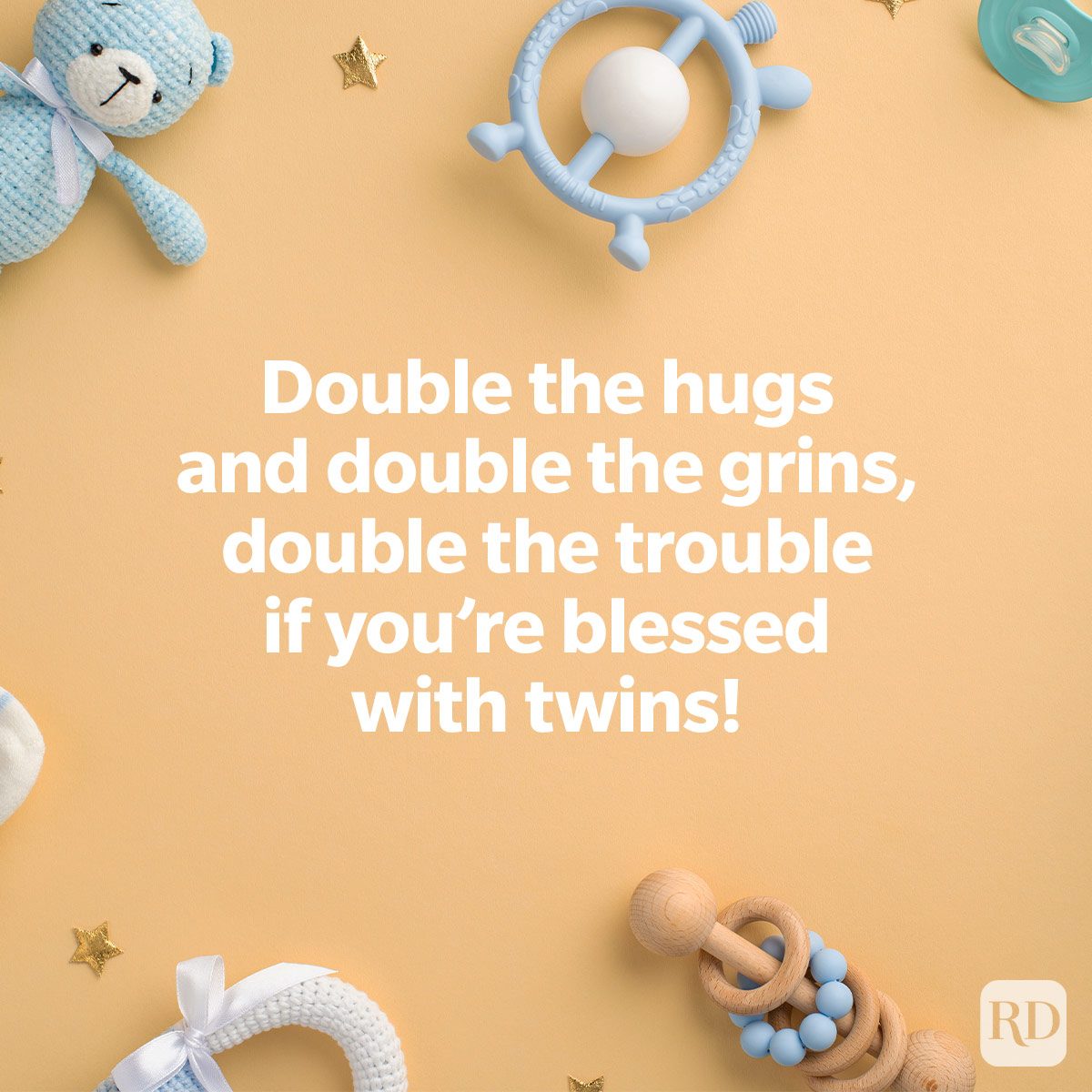 sweet baby wishes to send to expectant parents on baby toys and items background flat lay Double the hugs and double the grins, double the trouble if you're blessed with twins!