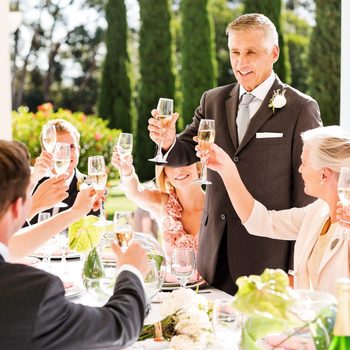 A group of people is gathered around an outdoor table, raising their glasses in a toast. A man in a suit stands in the center, smiling, with trees and greenery visible in the background. The table is adorned with flowers and glassware.