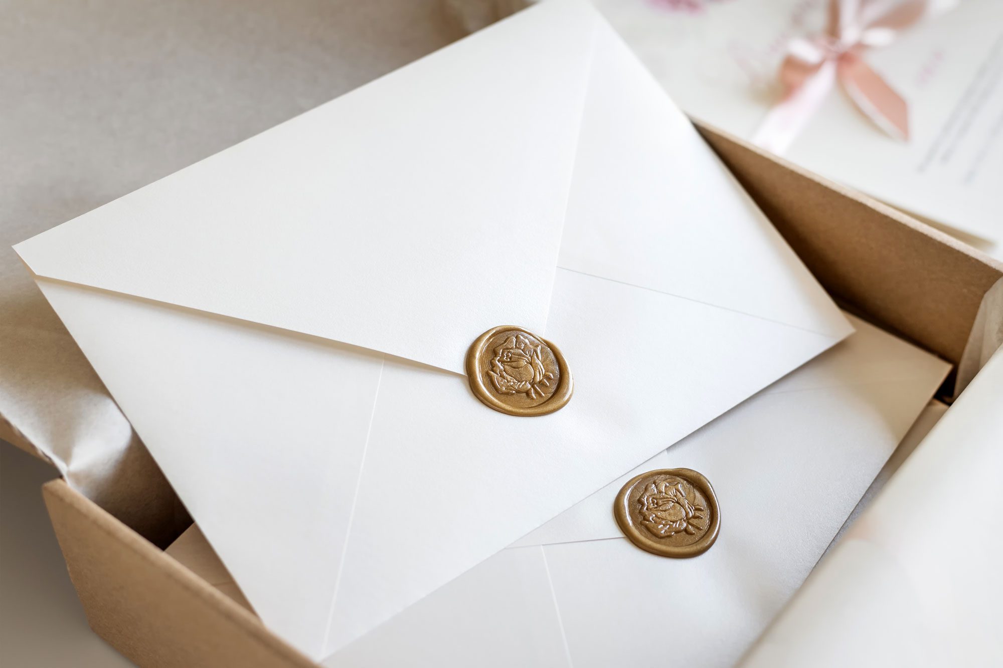 White Blank Envelopes Sealed With Golden Floral Wax Stamp