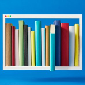 A floating internet browser frame forms a shelf for multicolored books, with one book angled forward as if being grabbed off the shelf. blue background