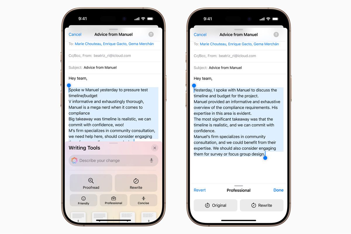 Apple Intelligence Writing Tools and Rewrite screens