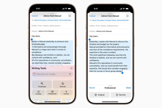 Apple Intelligence Writing Tools and Rewrite screens