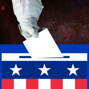 Collage representing an astronaut's arm and hand casting a vote into a ballot box from space