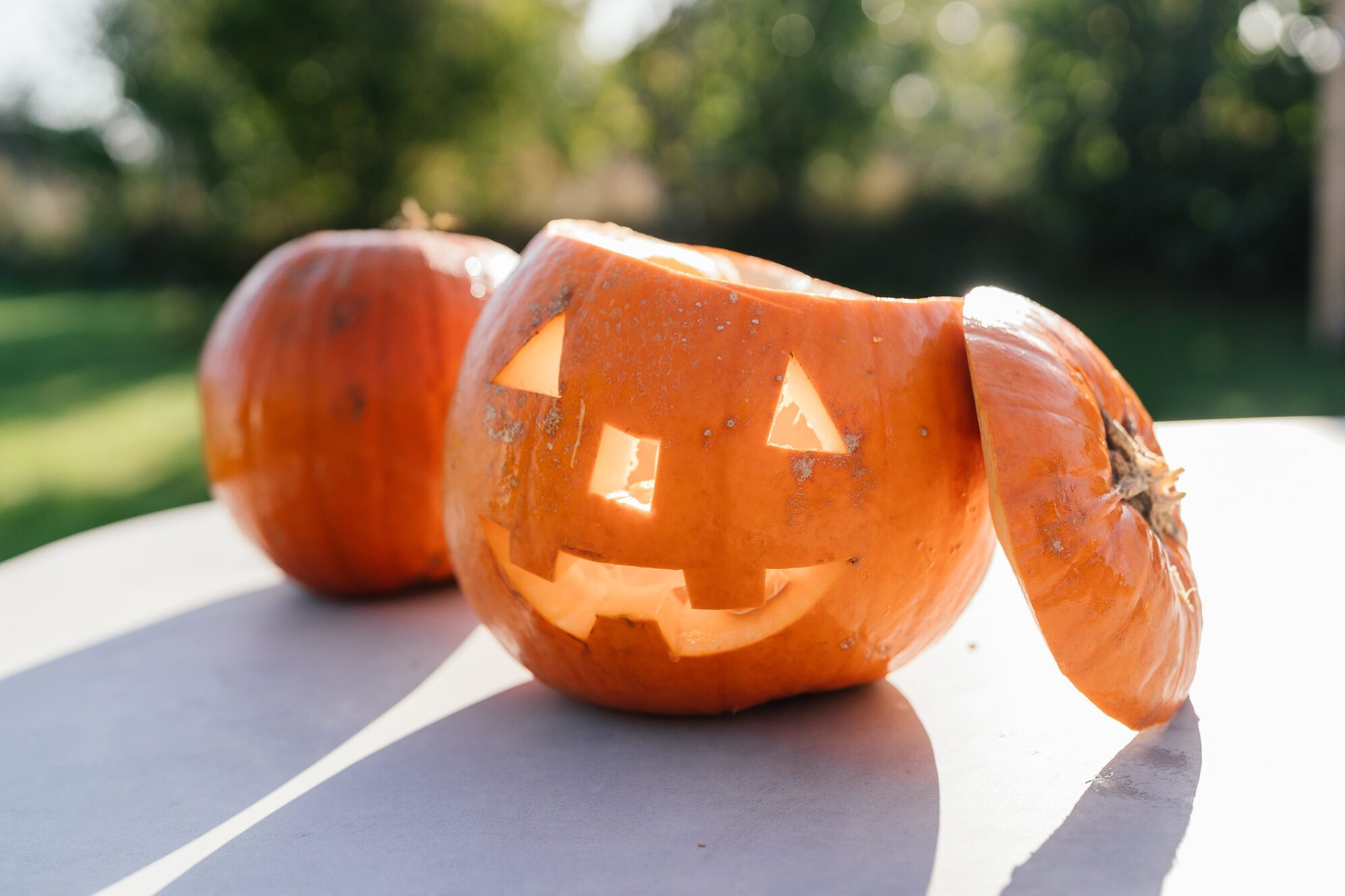 Freshly cut Halloween pumpkin with a spooky face.