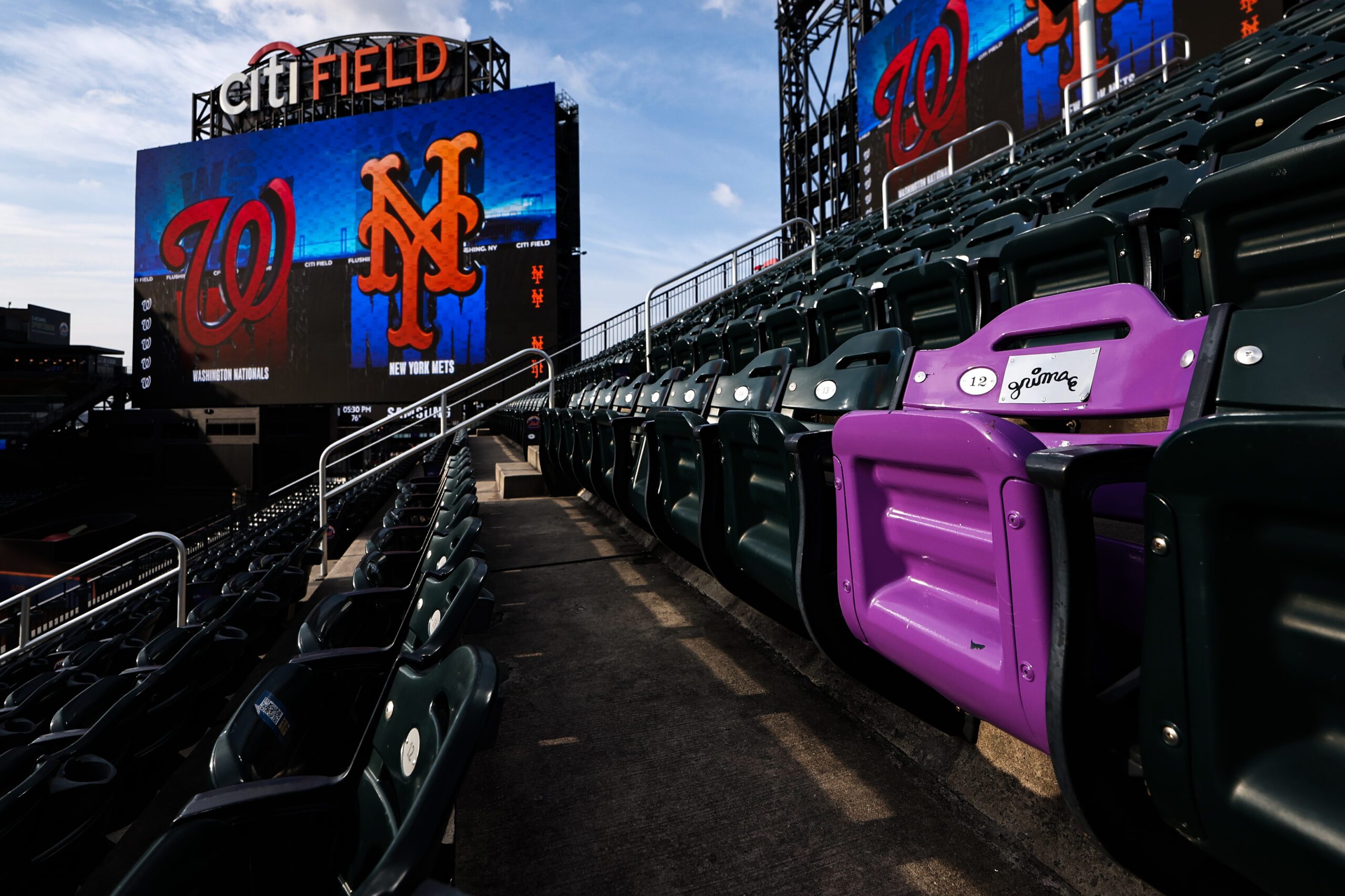 A view of a purple seat in honor of McDonald's character Grimace seen before the game between the New York Mets and the Washington Nationals at Citi Field on September 17, 2024 in New York City.