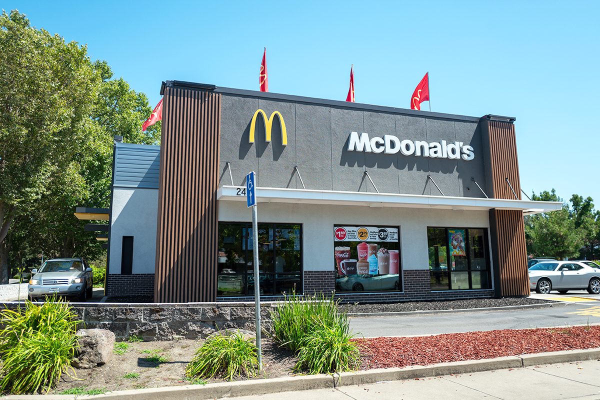 An exterior shot of a McDonald's.