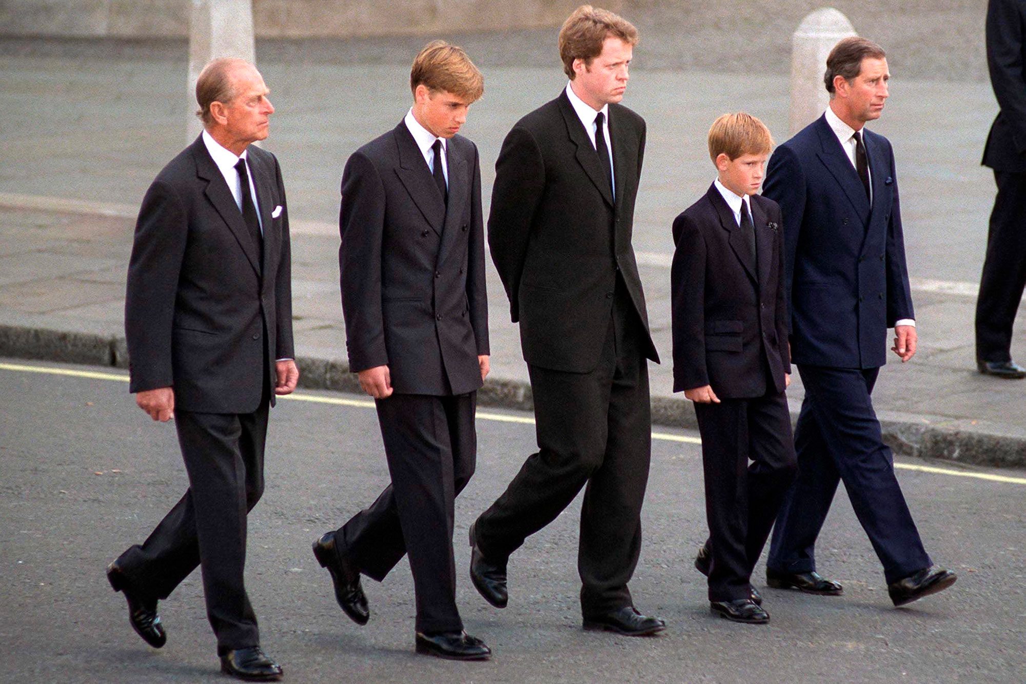 The Duke Of Edinburgh Prince William Earl Spencer Prince Harry And The Prince Of Wales Following The Coffin Of Diana