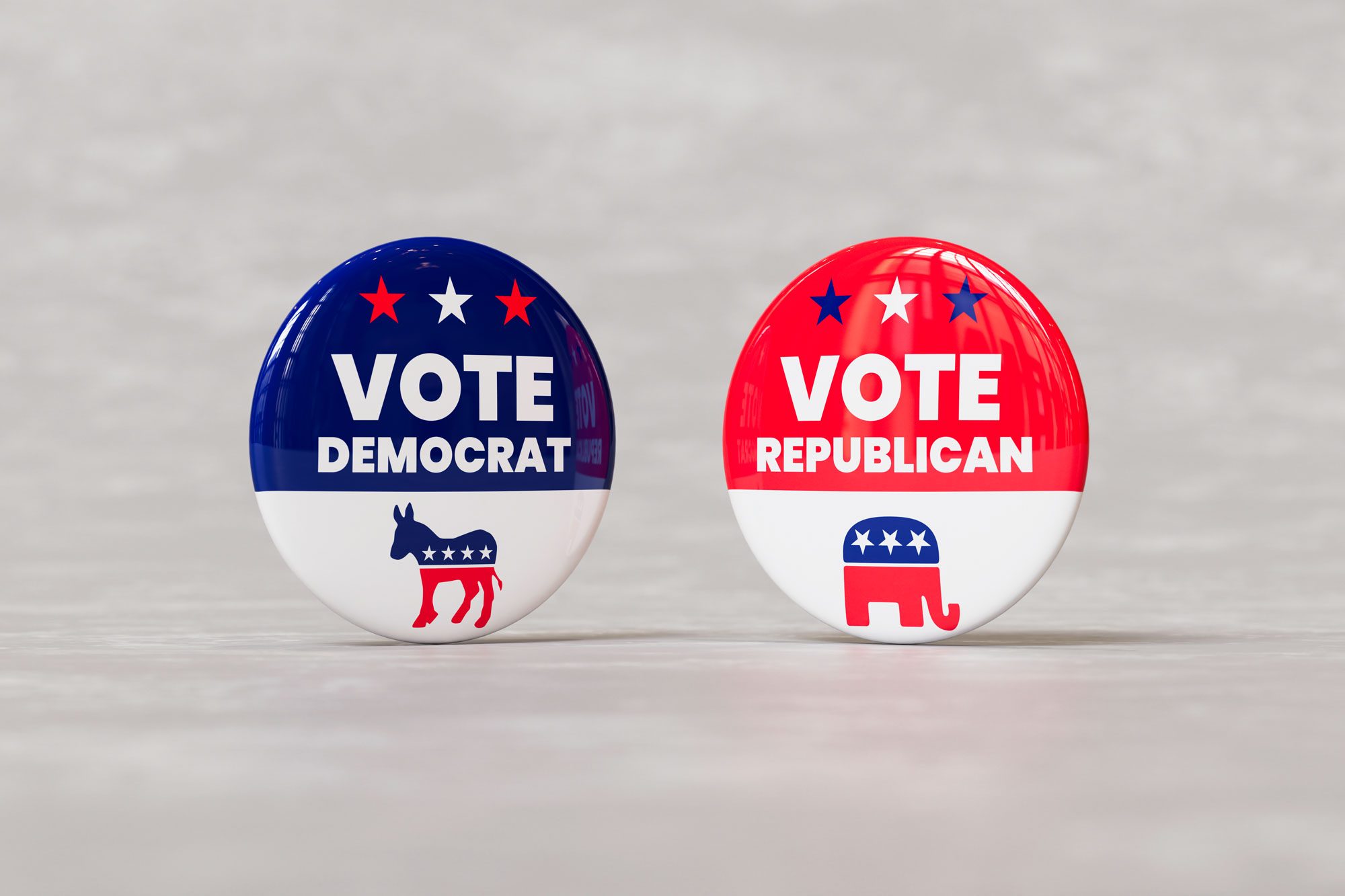 Two Political Campaign Buttons Promoting Democrat And Republican Vote