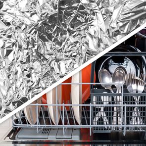 Aluminium foil texture paired with a close up of an open dishwasher with utensils and plates visible on the racks