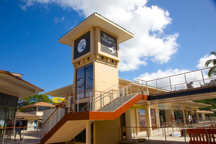 Tower and staircase at open air Whalers Village, a high-end multi-level shopping center on Ka'anapali Beach, Maui, Hawaii, USA