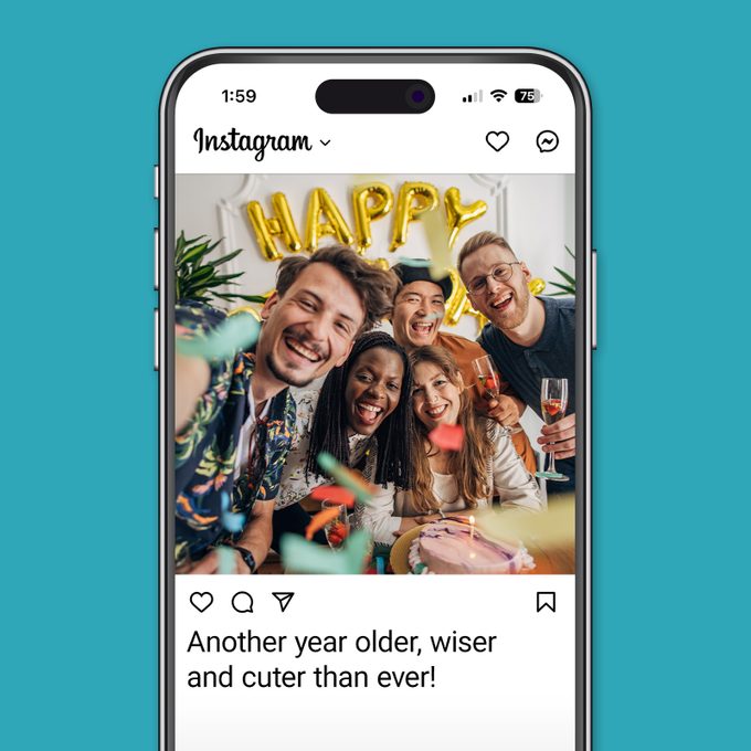Best Selfie Captions For Gram Worthy Pictures Instagram app on blue background group of friends celebrating birthday