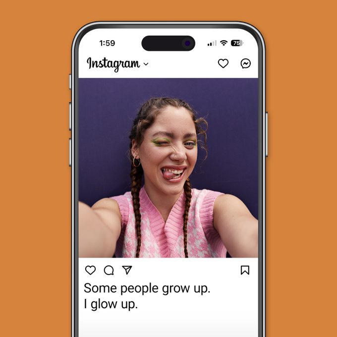 Best Selfie Captions For Gram Worthy Pictures Instagram app on orange background woman winking and sticking tongue out with green eyeliner