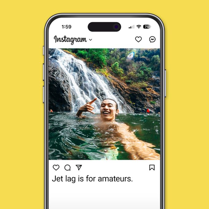 Best Selfie Captions For Gram Worthy Pictures Instagram app on yellow background man swimming in a waterfall pond surrounded by rocks