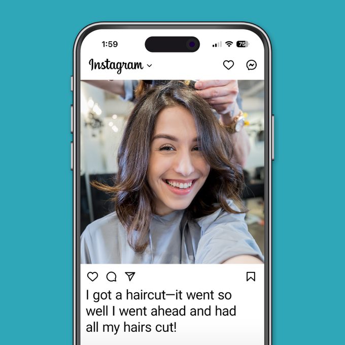 Best Selfie Captions For Gram Worthy Pictures Instagram app on blue background woman in hair salon