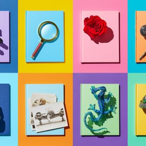 Book Genres grid of colored books on colored background to represent horror, mystery, romance, poetry, history, biography, fantasy, and science fiction