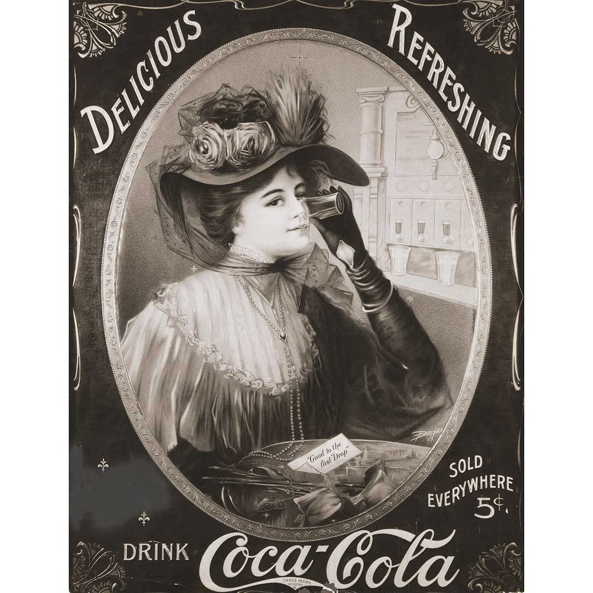 Coca Cola advertisement showing an illustrated seated woman drinking Coca Cola. Advertisement circa 1900.