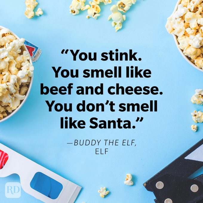 Funniest Movie Quotes Of All Time on movie theatre conceptual background with popcorn, 3d glasses and clapperboard on blue background