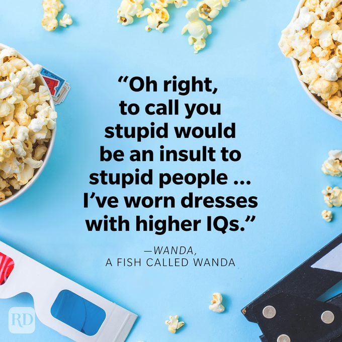 Funniest Movie Quotes Of All Time on movie theatre conceptual background with popcorn, 3d glasses and clapperboard on blue background