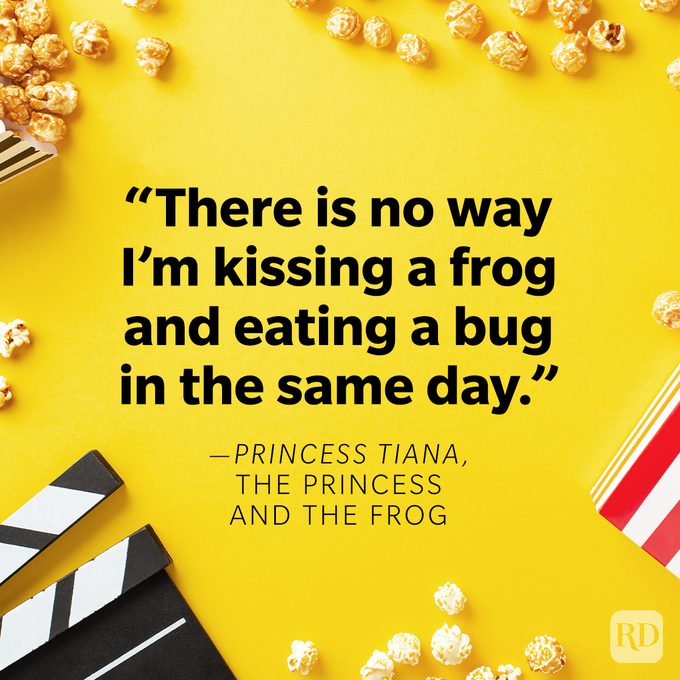 Funniest Movie Quotes Of All Time on movie theatre conceptual background with popcorn, 3d glasses and clapperboard on yellow background