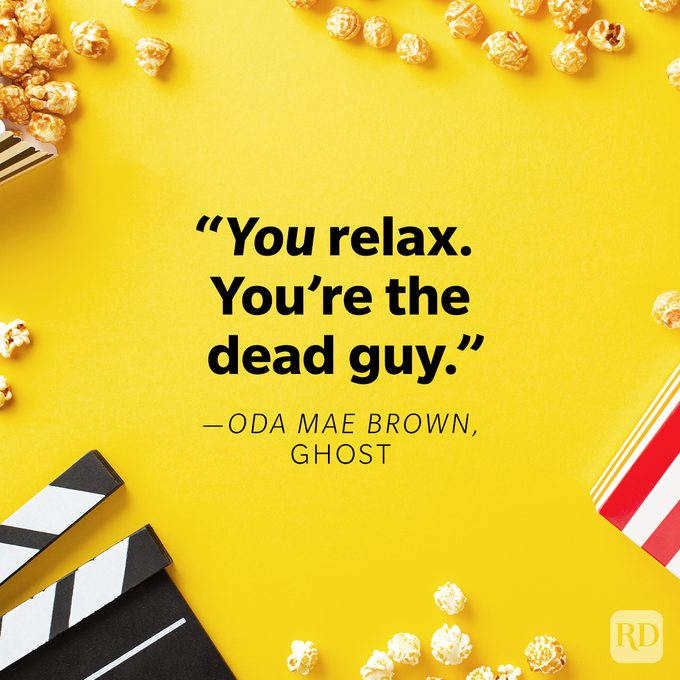 Funniest Movie Quotes Of All Time on movie theatre conceptual background with popcorn, 3d glasses and clapperboard on yellow background